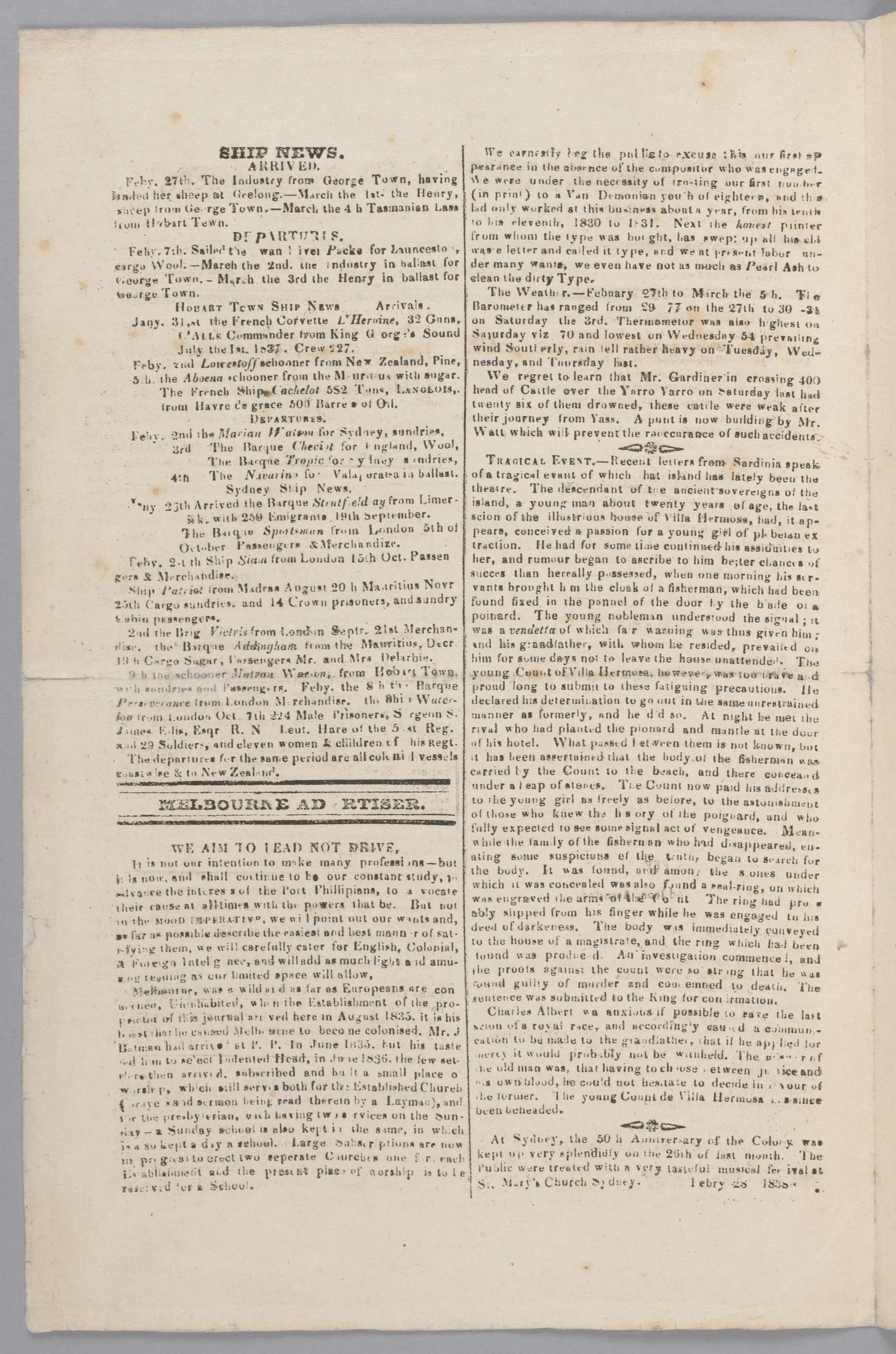 Melbourne Advertiser, manuscript 