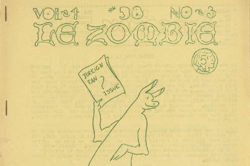 Detail of hand-stapled fanzine with green text, Le Zombie, and drawing of kangaroo holding a magazine, yellowed paper
