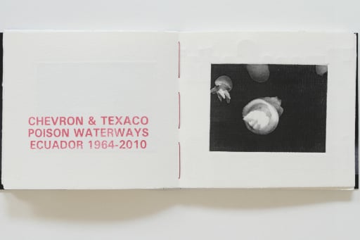 Open book with white pages with red text 'Chevron & Texaco poison waterways Ecuador 1964-2010' and photo of white jellyfish shapes on black background