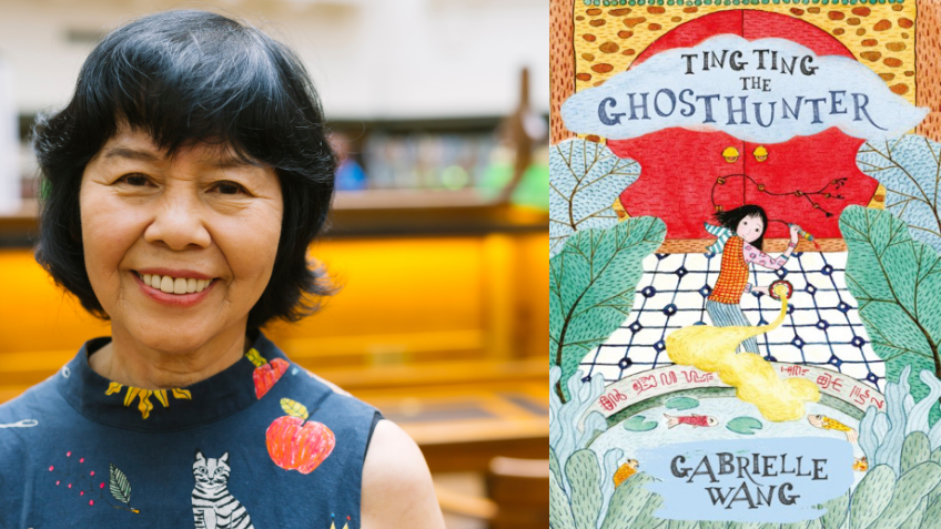 Headshot of Gabrielle Wang next to a colourful book cover