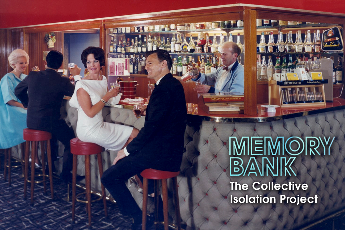Men and women with 1960s outfits and hairstyles enjoy a drink at a bar