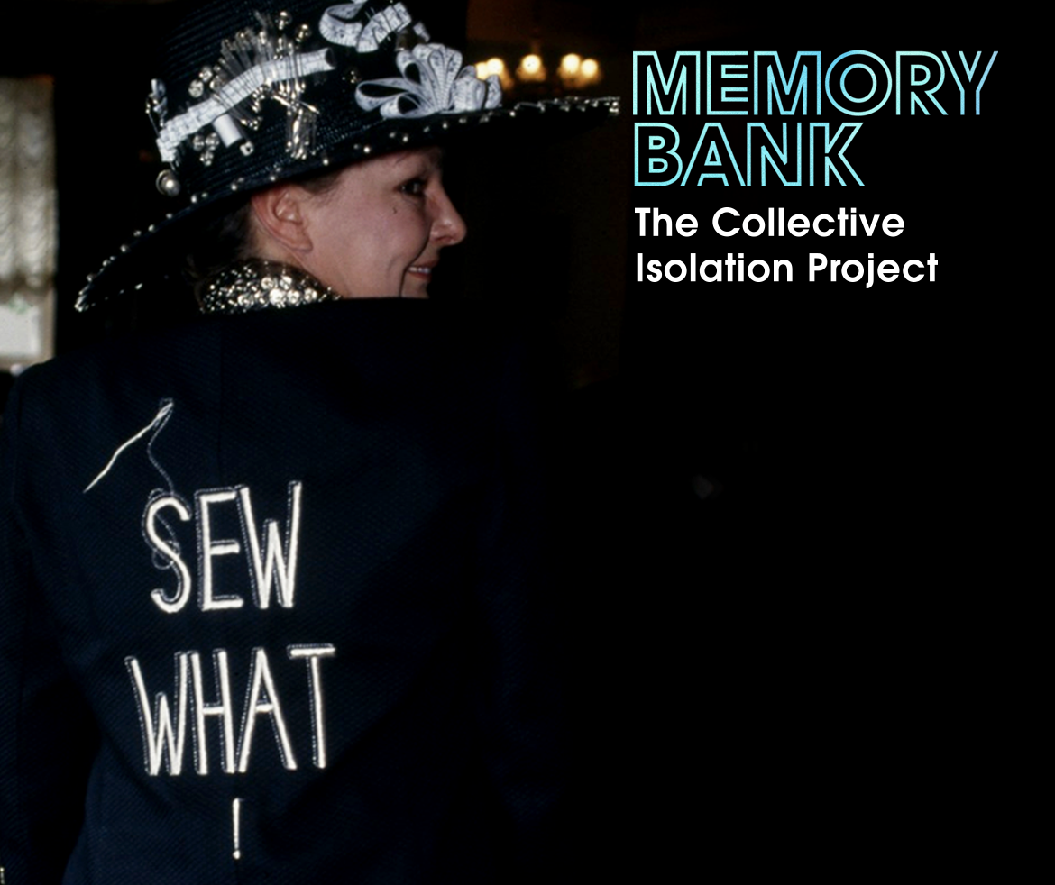 A smiling woman's back is turned to us, her jacket emblazoned with the words 'Sew what'