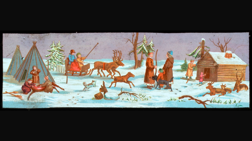 This winter wonderland scene is hand painted on glass. The Magic Lantern slides were made to be projected like an early version of a slide show or movie. When light was shone through the image,s the colours were bright and saturated creating a magical sight. 
