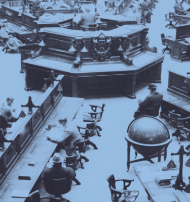 A black and white image with a blue gradient over the top depicting a group of people reading inside the State Library Victoria
