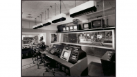 Black and white photo of a broadcasting room