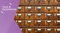 Image of the Library's old card catalogues. On the left there is a purple graphic overlay with white text saying 'tours and experiences'.
