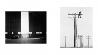 Two black and white photos of industrial spaces