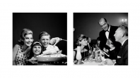 Two black and white photographs oh people eating