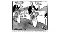 Cartoon of two politicians on penny farthings