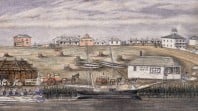 Colonial-era watercolour of riverboat landing place with boats, buildings, people and horse-drawn carriages, scattered surrounding buildings including Lamb Inn in Collins Street