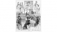 Black and white drawing of people in class