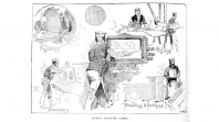 Black and white drawing of people baking Passover cakes