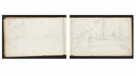 Black and white sketch of a ship 