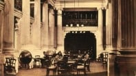 sepia photo of formal, columned reading room