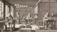Engraving of printers operating a medieval printing press
