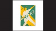Green and yellow bold graphic of a cricket player bowling