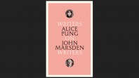 black background with blue book cover, writing in black and white with small circular photos of Alice Pung and John Marsden