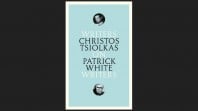 black background with blue book cover, writing in black and white with small circular photos of Christos Tsiolkas and Patrick White