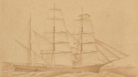Sepia drawing of a clipper ship, the CSS Shenandoah, at sea