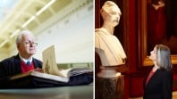 Composite photo of a man flipping through a book on the left, and a woman looking at a marble statue on the right