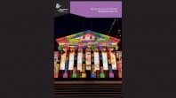 black background with brightly coloured night shot of Library portico lit for White Night with purple banner and white text