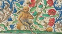 detail of medieval manuscript with monkey
