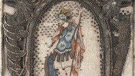 Colourful tapestry of a medieval knight in armour