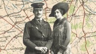 A soldier and a well-dressed woman against a backdrop of a map of Europe