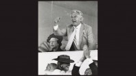 black and white photo of victorious Bob Hawke and frowning Queen Elizabeth