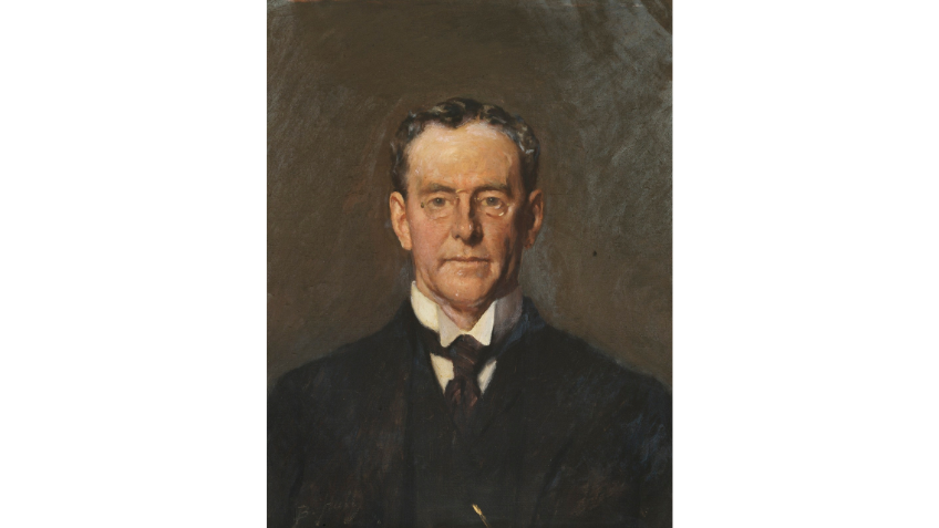Painted portrait of Edward La Touche Armstrong by Lindsey Bernard Hall. Portrait features Armstrong's bust, full face, winged collar and tie.