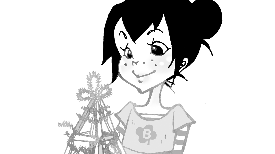 Cartoon drawing of an impish, dark-haired young girl