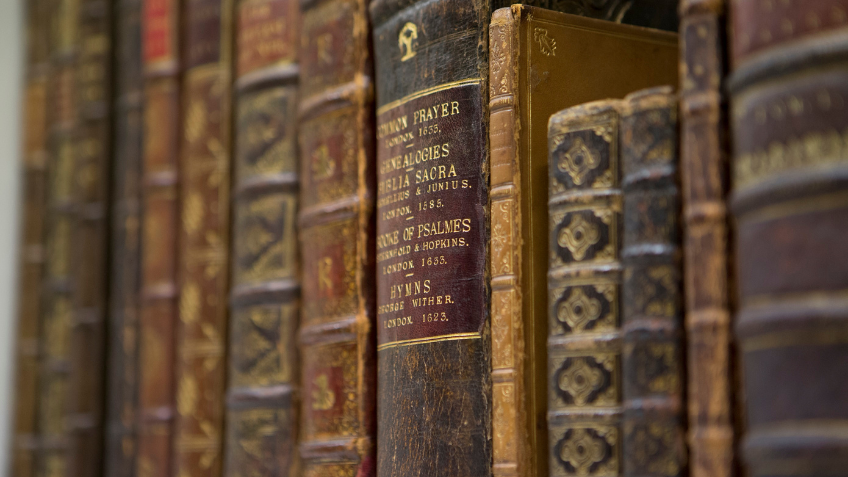 A row of old and weathered book spines