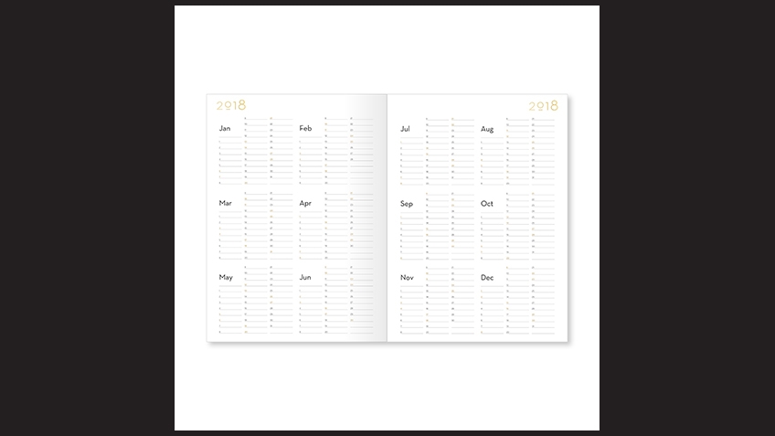Facing pages of a 2018 diary display the months and days of the year