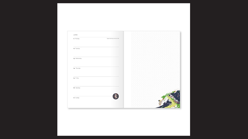Blank pages for June 2018 in a diary include a small illustration in the bottom right corner