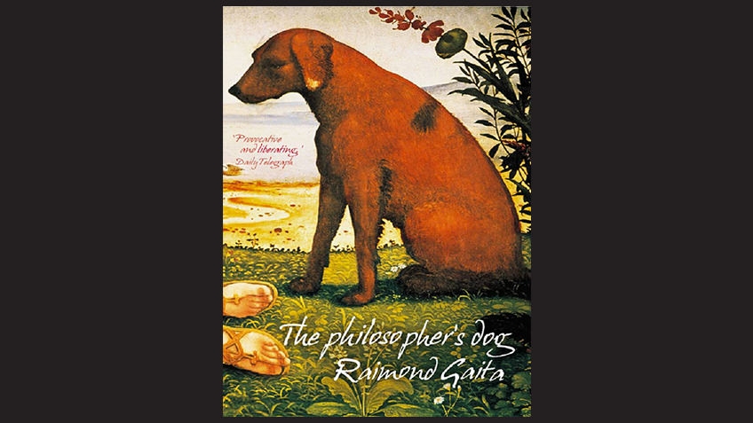 Painting of a red dog in a medieval landscape