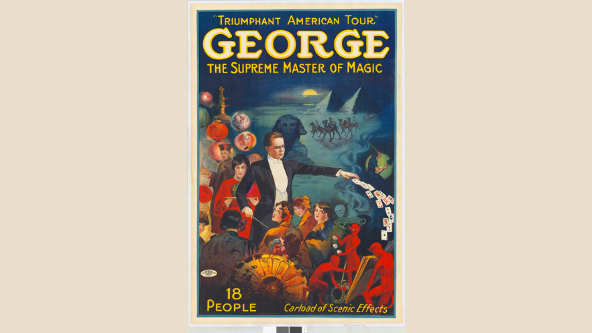 Poster shows image of magician dealing a pack of cards from his left hand, wand in right hand. He is surrounded by women in Eastern costume and an Asian magician stands behind him. Demons play with dice, a witch rides a broomstick and a camel train pass by pyramids on a moonlit night.