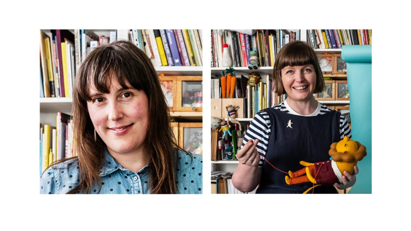 Portraits of Cat & Isobel from Soft Stories side by side with a book case background in each of them 