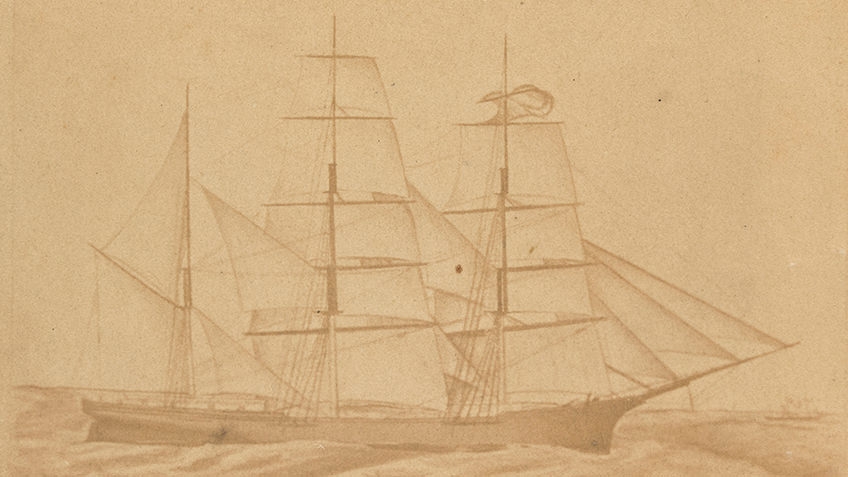 Sepia drawing of a clipper ship, the CSS Shenandoah, at sea