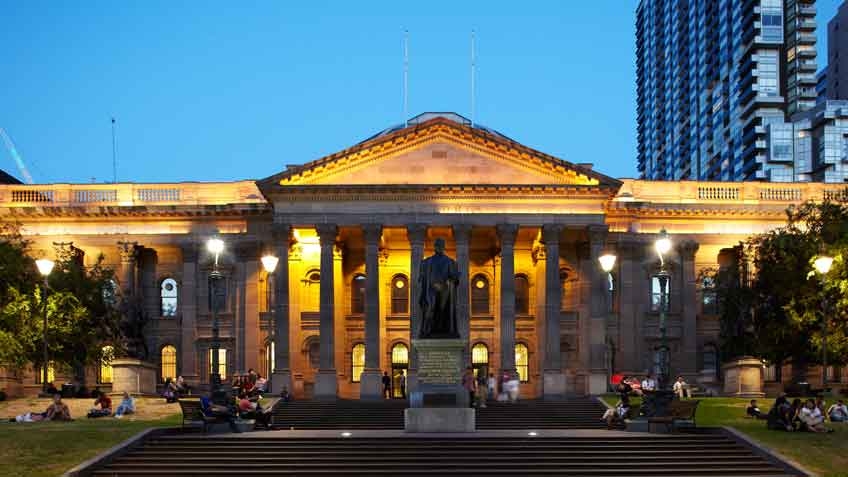 Portico and facade of the Library at night