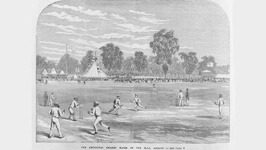 A Koori cricket match on the MCC ground, engraving by Samuel Calvert, 1867