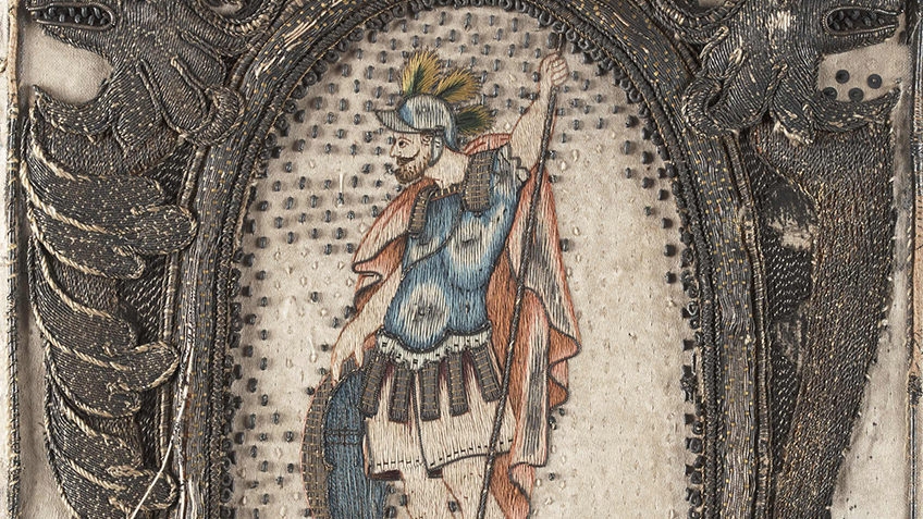 Colourful tapestry of a medieval knight in armour