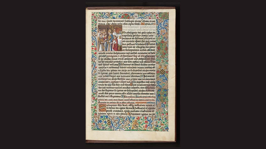 page from medieval manuscript against black background with illuminated border and images of clergymen