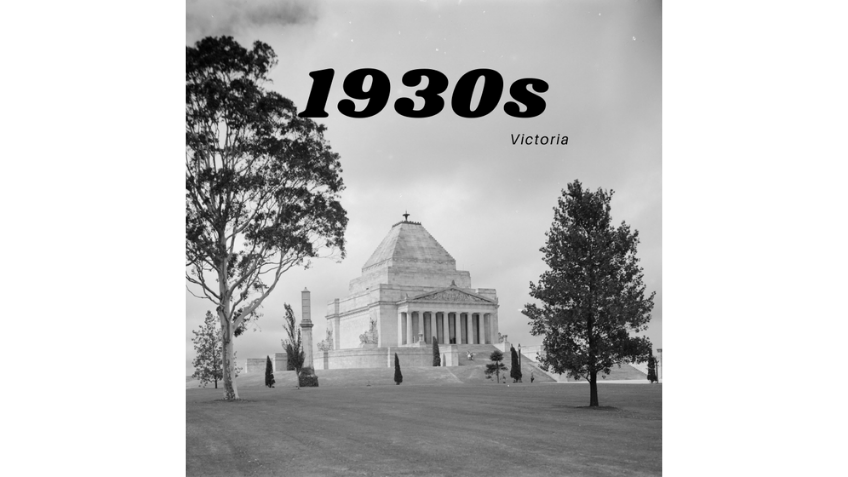 Grey image of the Shrine of Remembrance with '1930s' in black text