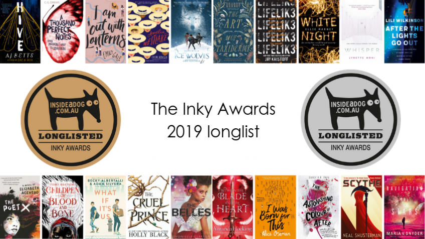 Inky Awards Longlist 2019 book covers with gold and silver award badge
