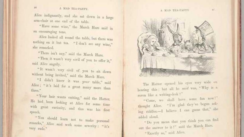 black and white photo of double-page spread from rare first edition copy of Lewis Carroll's Alice's Adventures in Wonderland featuring Tenniel's illustration of the Mad Hatter's Tea Party