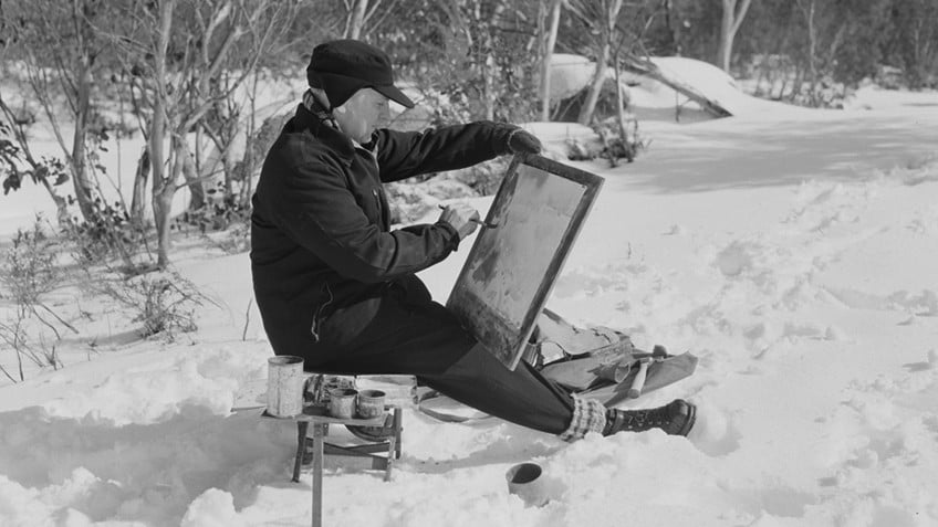 Artist John Lockston painting at Mount Buffalo, 1955