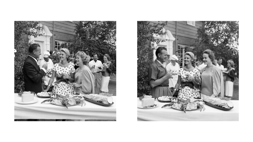 Two black and white photos of people at a barbeque