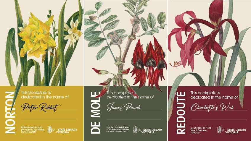 Three bookplates featuring botanical illustrations. Left to right: Daffodils and jonquil by Charles Norton, Sturt desert pea by Fanny Elizabeth de Mole, and lillies by Pierre-Joseph Redoute.