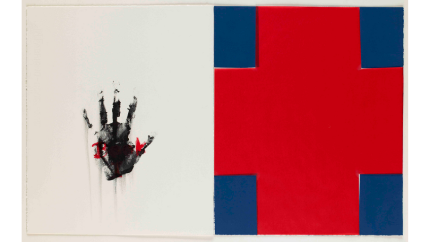 A handprint on a white background, and a red and blue cross