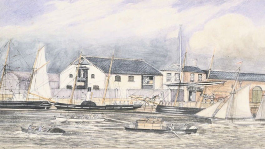 Watercolour of sailing ships, steamship, boats at dock and horse drawn vehicles on wharf
